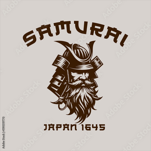 Bearded Japanese old samurai with helmet vector drawing