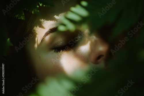 Woman s Face Hidden by Green Leaves  Sunlight  Nature  Closeup photo