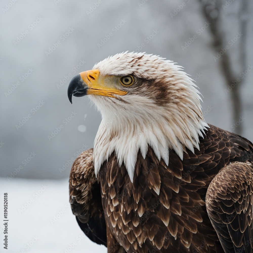 Obraz premium An eagle sitting with wings partially spread, white background.