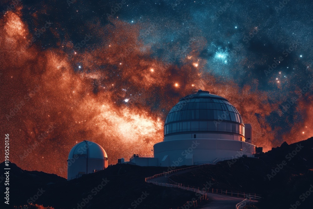 Observatory under a stunning cosmic backdrop in a remote mountain location Observatory under a stunning cosmic backdrop in a remote mountain location