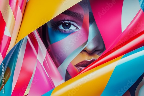 Colorful Portrait, Woman s Face With Makeup Surrounded by Abstract Geometric Shapes, Modern Art 8K photo