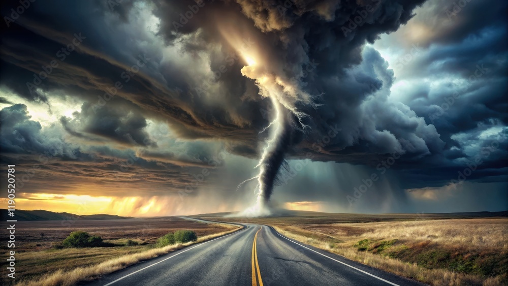 A massive tornado twists through a desolate road in the midst of a stormy landscape, causing debris and destruction to spread far and wide, dark skies, powerful tornado A massive tornado twists through a desolate road in the midst of a stormy landscape, causing debris and destruction to spread far and wide, dark skies, powerful tornado