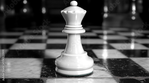 A white queen chess piece stands centered on a chessboard