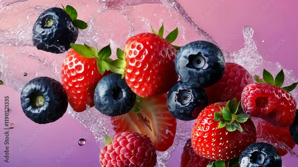 Close up of a bunch of fresh berries, including strawberries and blueberries, with water droplets surrounding them. Concept of freshness and vitality, as the berries are in their natural state Close up of a bunch of fresh berries, including strawberries and blueberries, with water droplets surrounding them. Concept of freshness and vitality, as the berries are in their natural state
