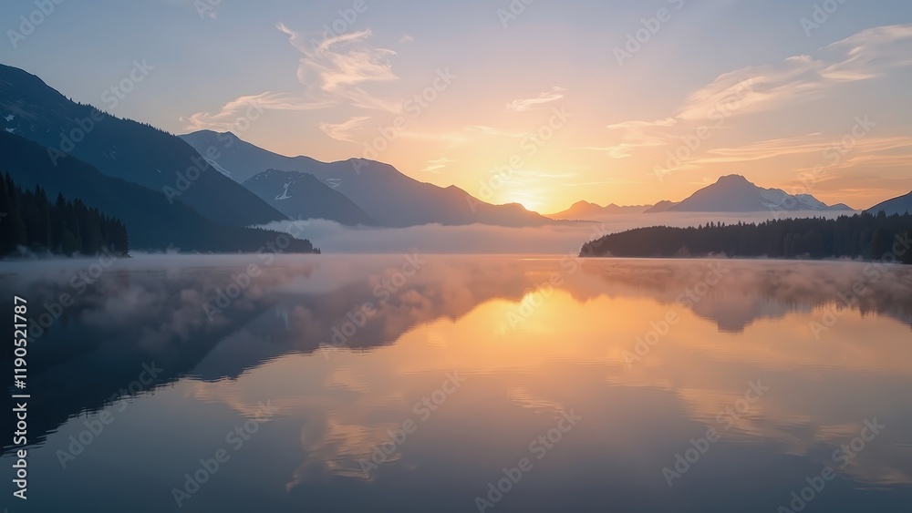 Golden sunset bathes a serene lake and majestic mountains; hues of orange and yellow dance across the light blue sky, reflecting on tranquil waters Golden sunset bathes a serene lake and majestic mountains; hues of orange and yellow dance across the light blue sky, reflecting on tranquil waters