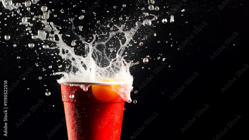 Red cup filled with water is being splashed by a ping pong ball. The cup is half full and the water is spilling out of it, creating a fun and playful scene