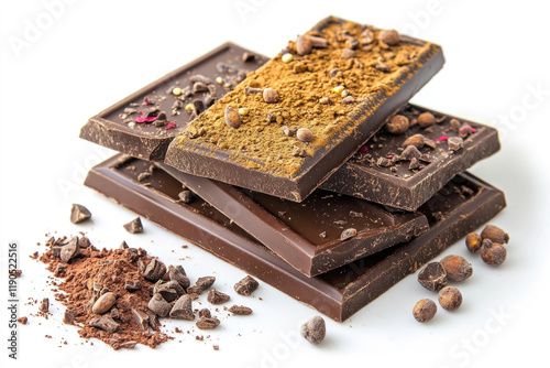 Chocolate bars stacked against cocoa pods and cocoa beans on a wooden table. photo