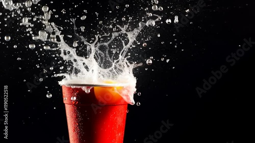 Red cup filled with water is being splashed by a ping pong ball. The cup is half full and the water is spilling out of it, creating a fun and playful scene