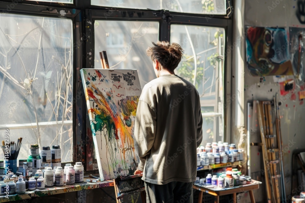 Obraz premium A Student Artist Painting an Abstract Canvas in a Sunlit Studio, A student painting on a canvas in a sunlit art studio, surrounded by tubes of paint and brushes