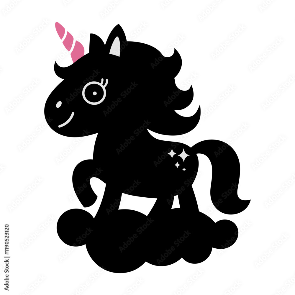 Obraz premium Vector black silhouette of cute pony unicorn is standing on cloud