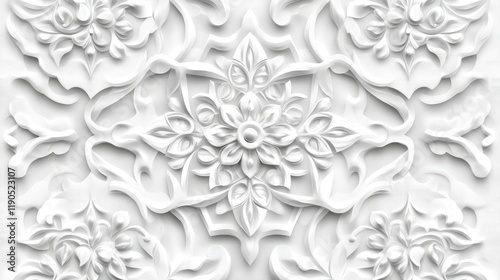 Elegant White Floral Bas-Relief: Intricate 3D Ornament Design