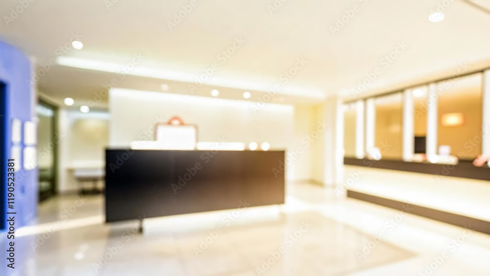 Obraz premium Abstract blurred beautiful interior reception lobby condominium background with bokeh lights from lamps, for presentation, banner design