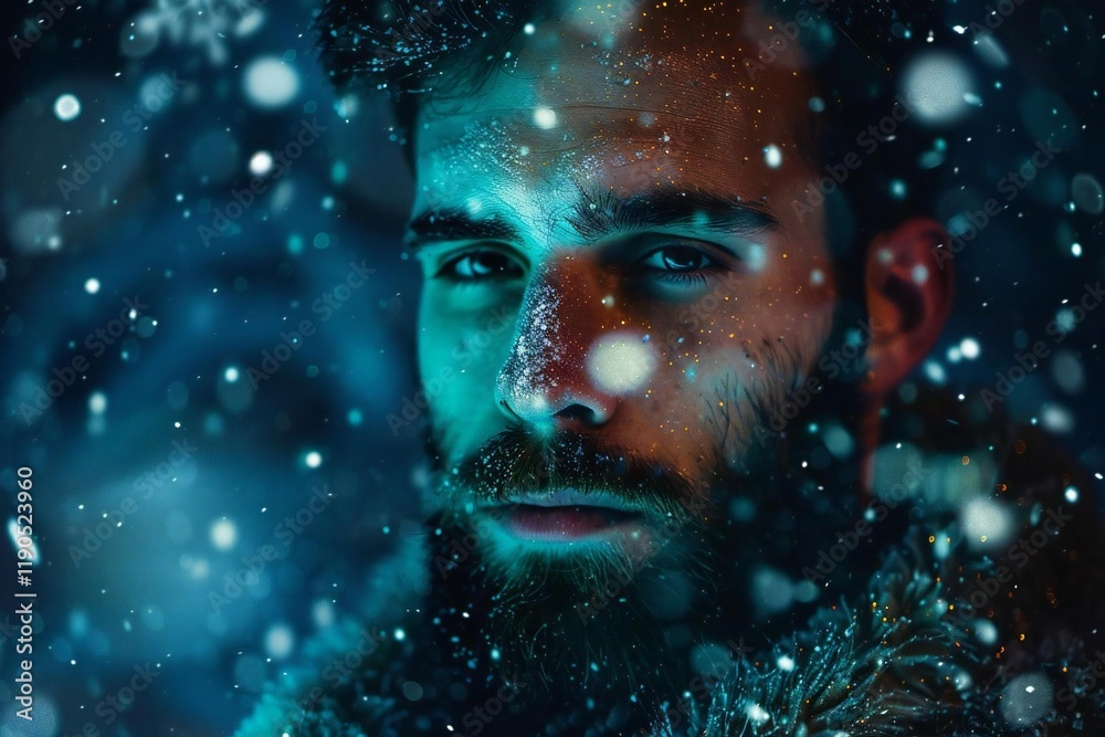 Handsome Caucasian Man with Beard in Winter Wonderland: Glowing Teal and Gold Snowflakes Handsome Caucasian Man with Beard in Winter Wonderland: Glowing Teal and Gold Snowflakes