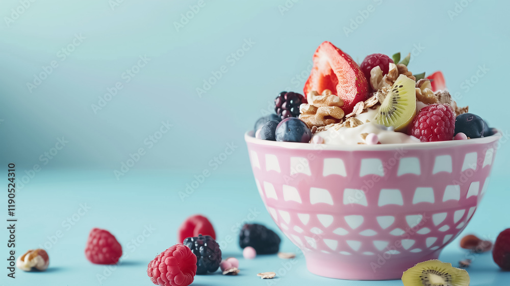 Colorful Breakfast with Berries and Nuts in a Pink Bowl on Blue Background Colorful Breakfast with Berries and Nuts in a Pink Bowl on Blue Background