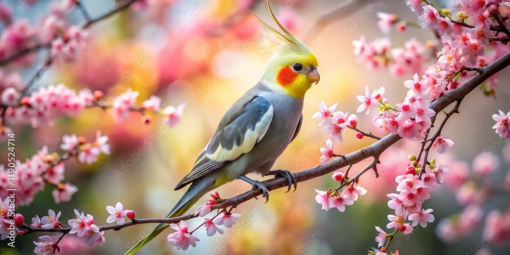Cockatiel Perched on Branch with Pink Blossoms - Spring Bird Photography Cockatiel Perched on Branch with Pink Blossoms - Spring Bird Photography