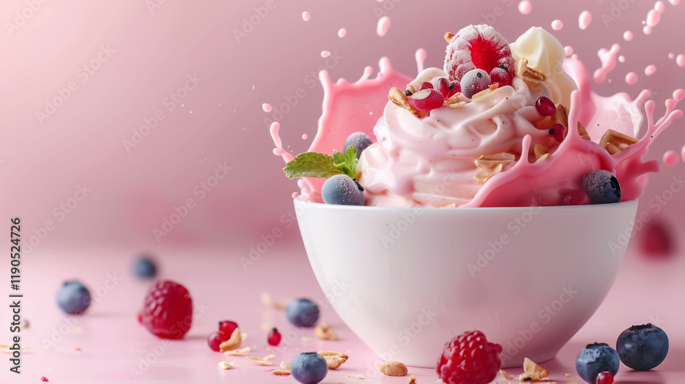 Fruit Dessert with Yogurt Ice Cream and Topping Fruits on Pink Background for Breakfast Side View
