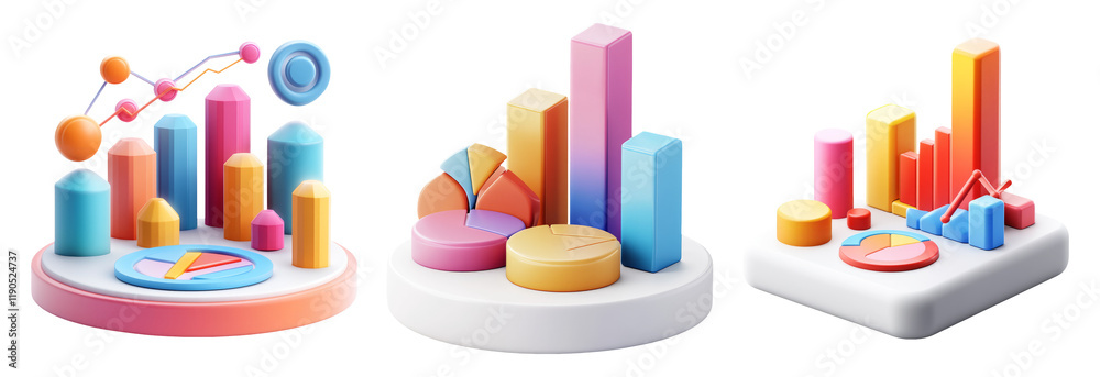 Colorful 3D Graphs and Charts Isolated on Transparent Background Colorful 3D Graphs and Charts Isolated on Transparent Background