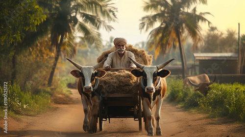 An elderly Indian man riding a bullock cart pulled by two strong, well-groomed cows. Behind him, on the cart, there are a pile of husk photo