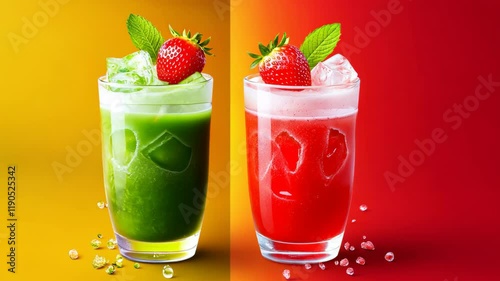 Wallpaper Mural Two drinks with strawberries and ice, one green and one red. The green drink is a smoothie with a green leaf on top Torontodigital.ca