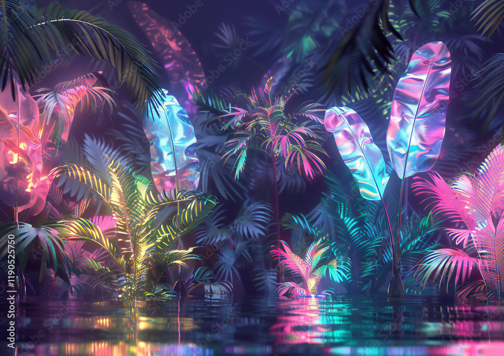 Fototapeta premium Surreal Neon Tropical Leaves with Shimmering Lights and Reflections on a Dark Background
