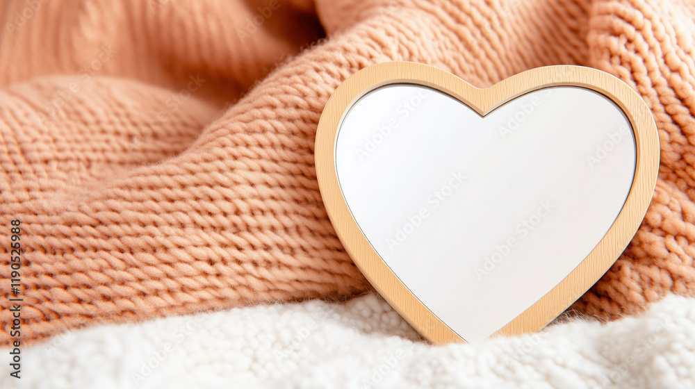 heart shaped mirror framed in wood rests on cozy knitted blanket, adding warmth and charm to space heart shaped mirror framed in wood rests on cozy knitted blanket, adding warmth and charm to space