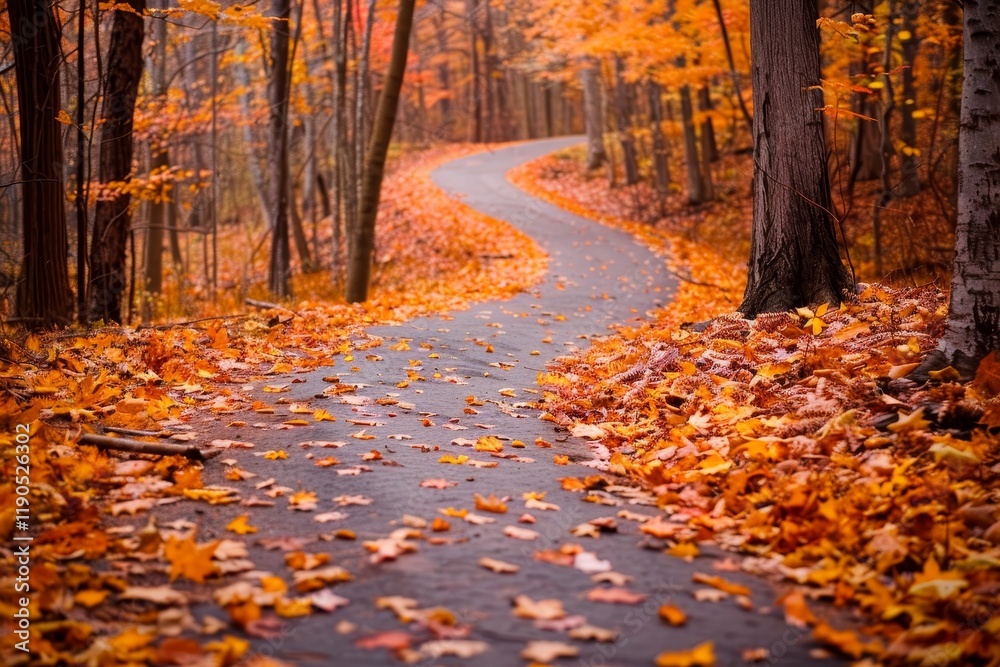 Naklejka premium A winding path through an autumnal forest covered in fallen leaves, A winding path covered in a blanket of crisp leaves