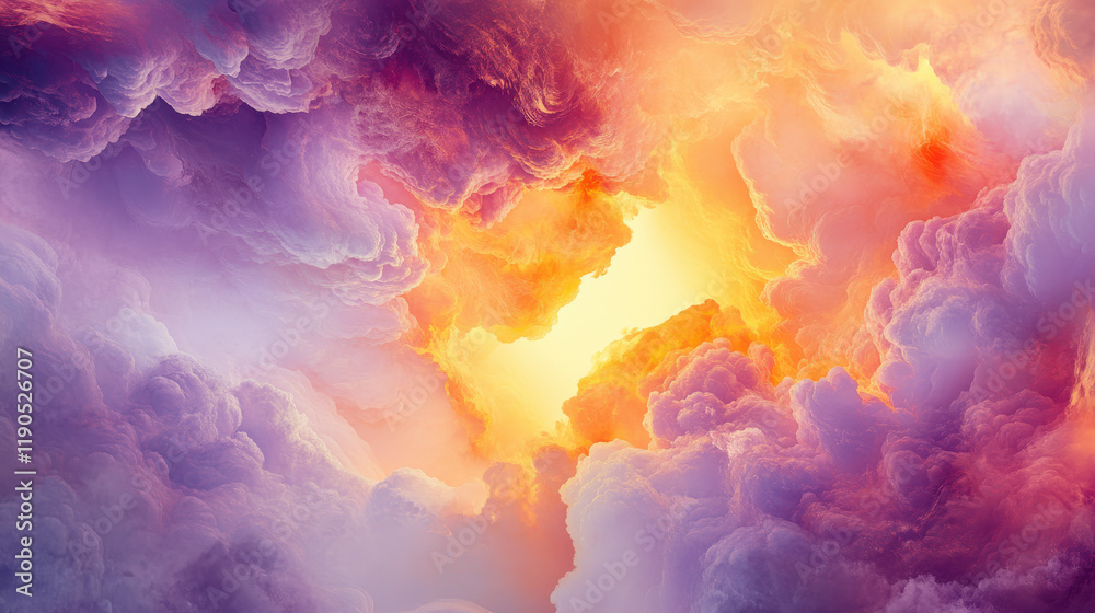 Fototapeta premium A vibrant ethereal cloudscape, rich golden-orange and lavender tones, billowing clouds with crisp defined edges