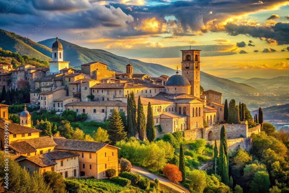 Obraz premium Assisi Italy Skyline Basilica Saint Francis Hilltop Town Scenic View