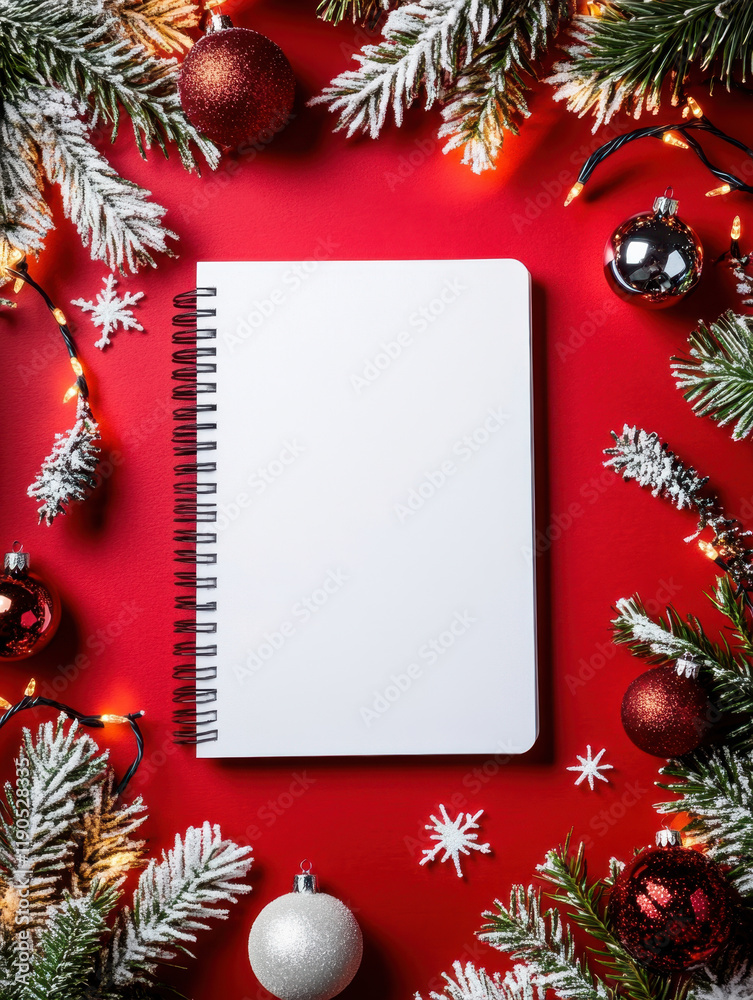 Flat lay of blank white notebook in the center with Christmas decorations covered by snow on red background Flat lay of blank white notebook in the center with Christmas decorations covered by snow on red background