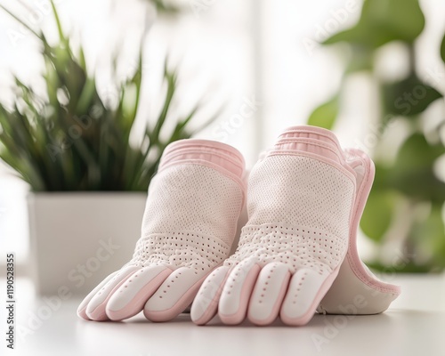 Therapy gloves and hand strengtheners displayed on a clean table. photo