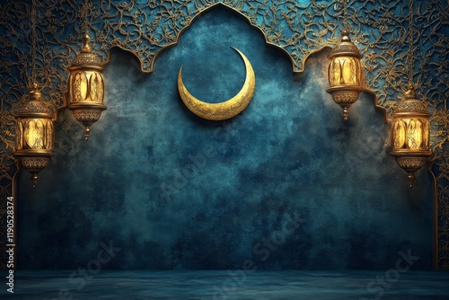 An abstract Ramadan background with floating lanterns, crescent moons, and geometric patterns in white and gold over a deep navy-blue gradient. photo