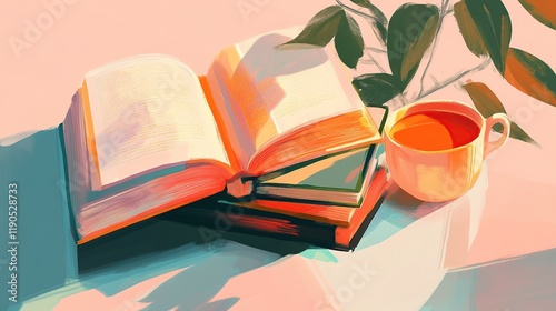 Open book, teacup, and leaves in warm sunlight. photo