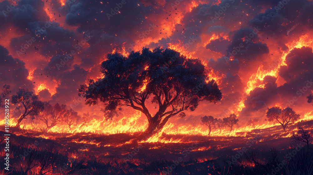 Fototapeta premium Hollywood hills Landscape Burning with Flame and Smoke During California Wildfire, Fallen log burns in California wildfire, Fire Fighting, Brush and Tree Landscape Burning with Flame and Smoke During 