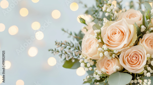 Elegant rose bouquet with white accents and soft bokeh background. Perfect for celebrations and special occasions