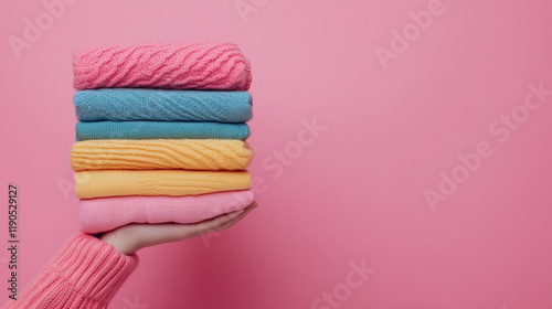 Person holding stack of colorful towels at beach, sun shining on sandy shore in background.