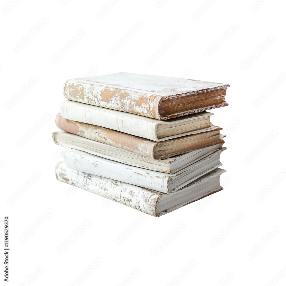 Old, worn books stacked together, showcasing their weathered covers and pages. vintage appearance adds nostalgic touch, Isolated on white background Old, worn books stacked together, showcasing their weathered covers and pages. vintage appearance adds nostalgic touch, Isolated on white background