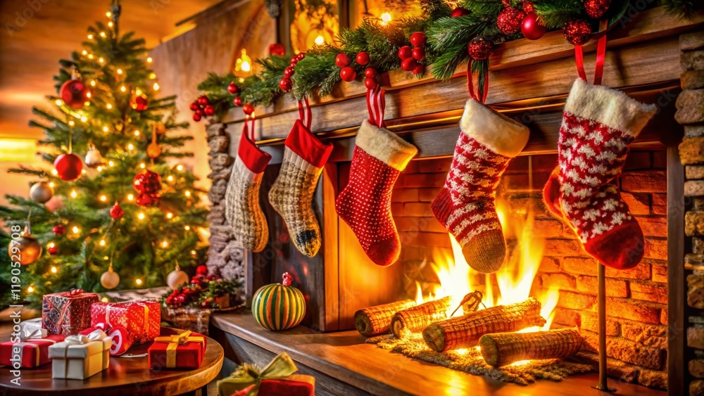 Naklejka premium Cozy Christmas Fireplace with Festive Stockings & Warm Holiday Decor - Close-Up Stock Photo