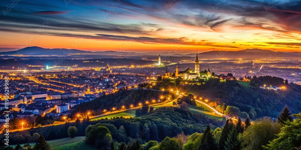 Obraz premium Austrian Alps Night View: Klosterneuburg City Lights from Exelberg Mountain