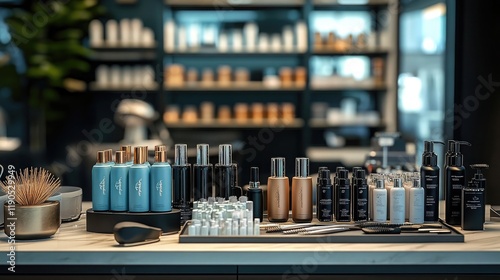 A modern salon workbench with neatly organized hair tools and accessories, 8k, realistic, full ultra HD, high resolution, cinematic photography photo