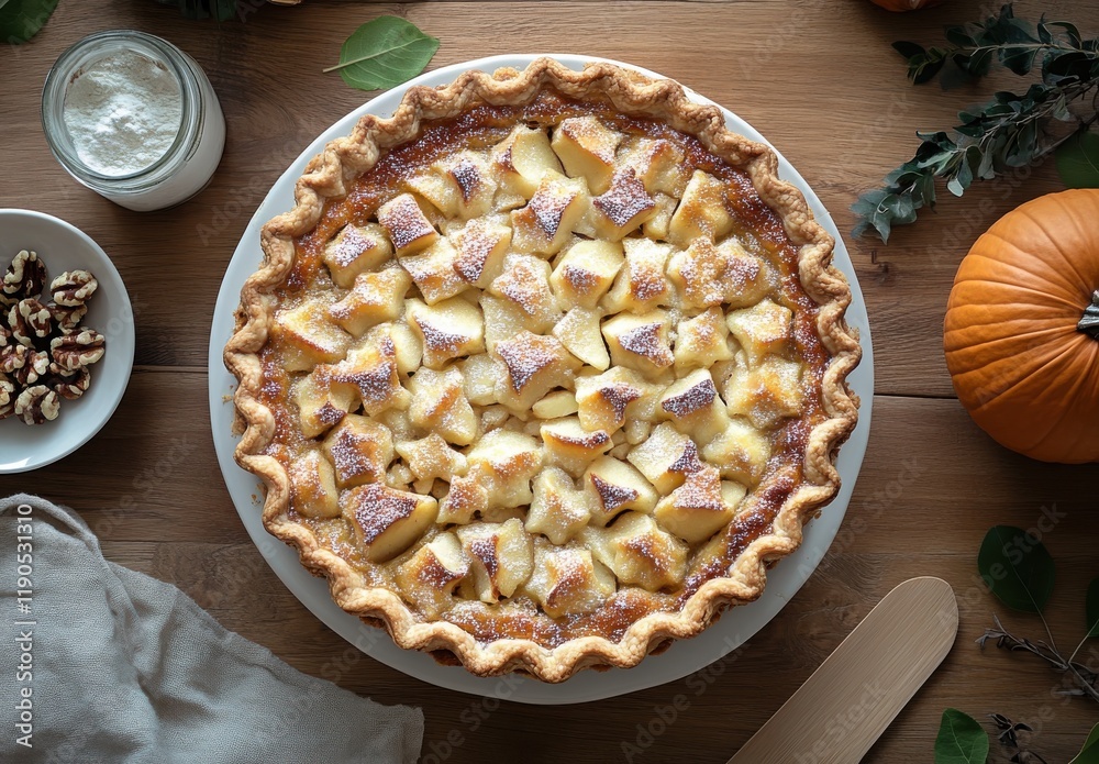 Freshly Baked Apple Pie on a Wooden Surface with Pumpkin and Nuts, Surrounded by Natural Decor Elements for Autumn Inspired Photography Freshly Baked Apple Pie on a Wooden Surface with Pumpkin and Nuts, Surrounded by Natural Decor Elements for Autumn Inspired Photography