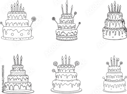 Hand drawn line art birthday cake cream candles sweets lollipops vector illustration set collection for coloring page