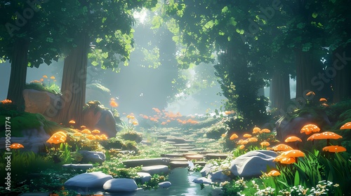 Fantastic and Magical Forest. Video Game's Digital CG Artwork, Concept Illustration, Realistic Cartoon Style Background