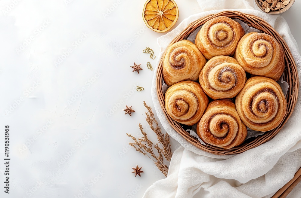 Fototapeta premium Freshly Baked Cinnamon Rolls in a Woven Basket Surrounded by Natural Ingredients and Decor for a Cozy Breakfast or Brunch Setting