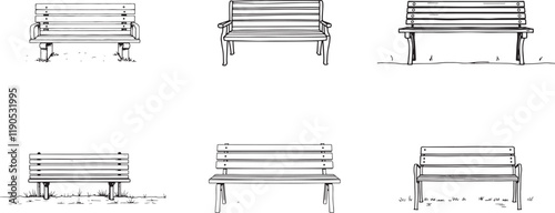 Hand drawn line art Park bench vector illustration set collection for coloring page