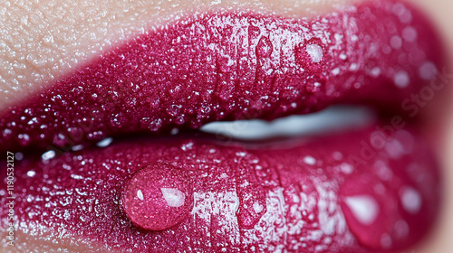 A close up of red lips are covered in water droplets