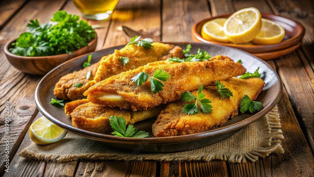Fototapeta premium Crispy Fried Fish, Golden Brown, Friday Night Dinner, Delicious Seafood, Family Meal
