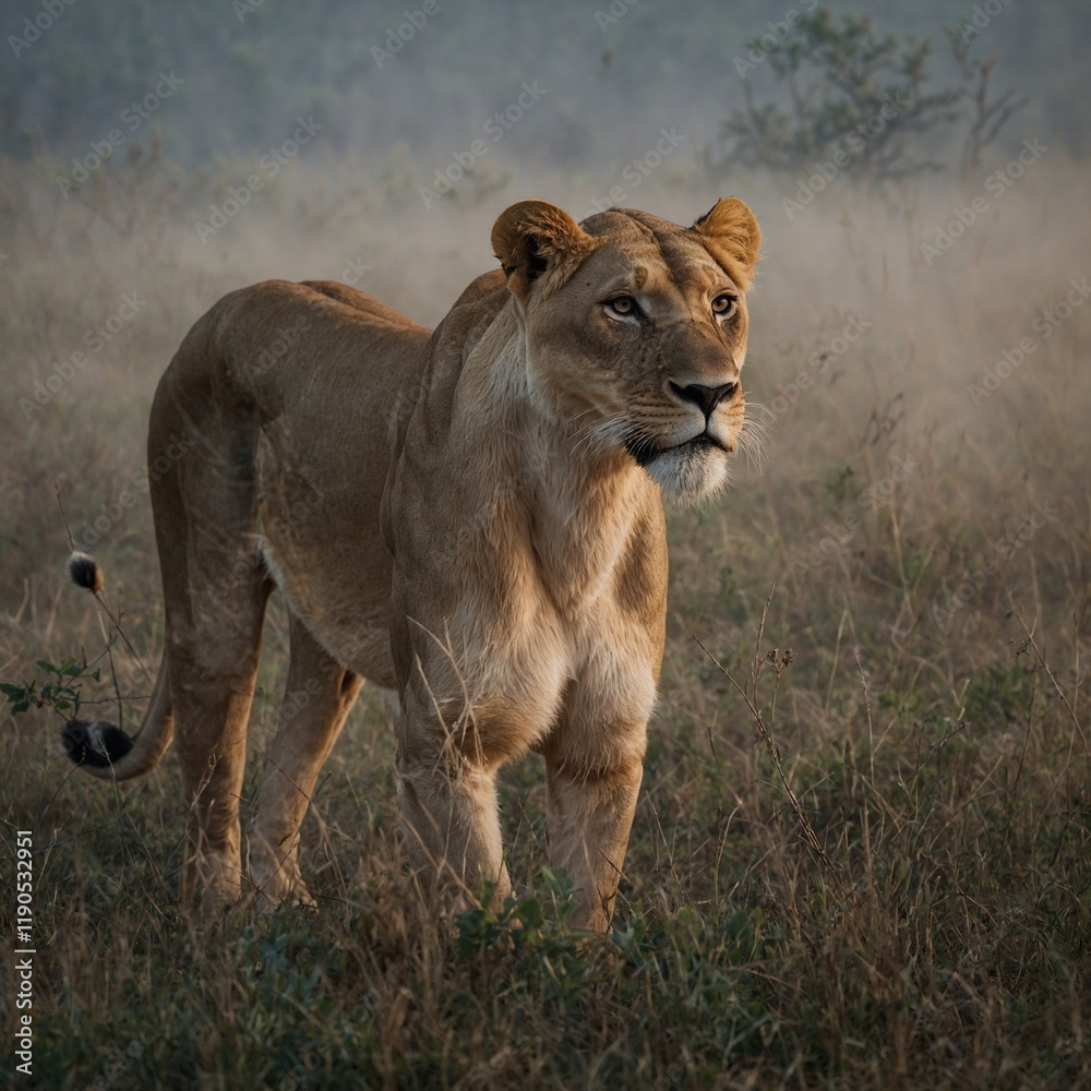 Fototapeta premium A lioness hunting in the early morning mist.