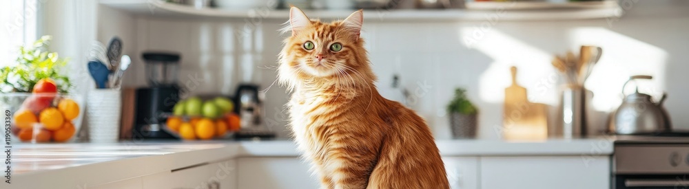A fluffy orange cat with green eyes sits on the white kitchen counter, looking at the camera A fluffy orange cat with green eyes sits on the white kitchen counter, looking at the camera