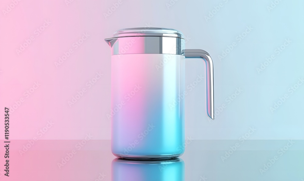 Pastel iridescent glass pitcher on reflective surface. Pastel iridescent glass pitcher on reflective surface.