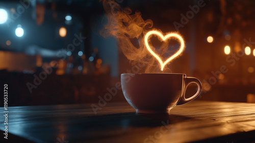 Romantische Nahaufnahme einer dampfenden Kaffeetasse, deren aufsteigender Rauch ein perfektes Herz formt. Warme, einladende Atmosphäre mit Liebe photo